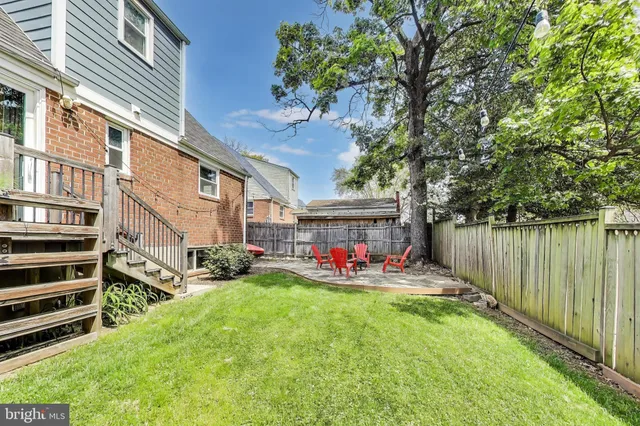 a backyard of a house with table and chairs