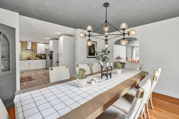 a view of a dining room with furniture