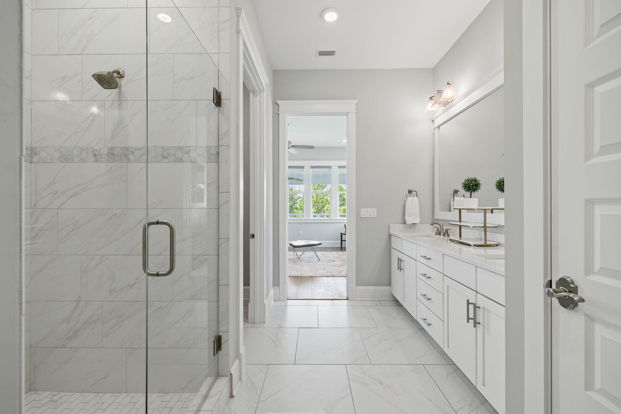 4 Clipper Street Inlet Beach, FL 32461 - Photo 28 of 49 a spacious bathroom with a granite countertop sink a mirror a shower and a bathtub