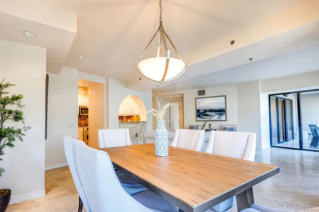 a view of a dining room with furniture