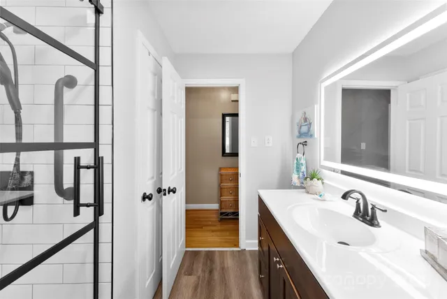 a bathroom with a sink and a mirror