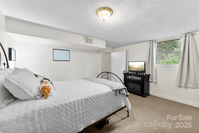 a bedroom with a bed and a tv