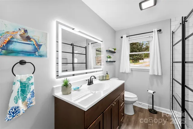 a bathroom with a sink toilet and mirror