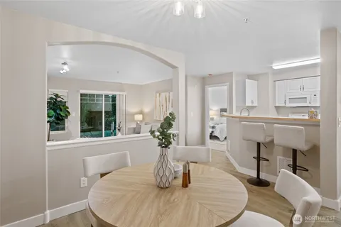 a view of a dining room with furniture