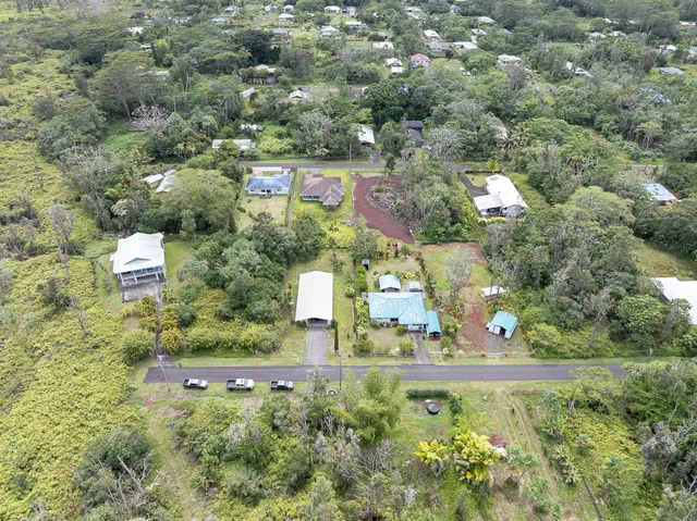 an aerial view of residential houses with outdoor space and trees