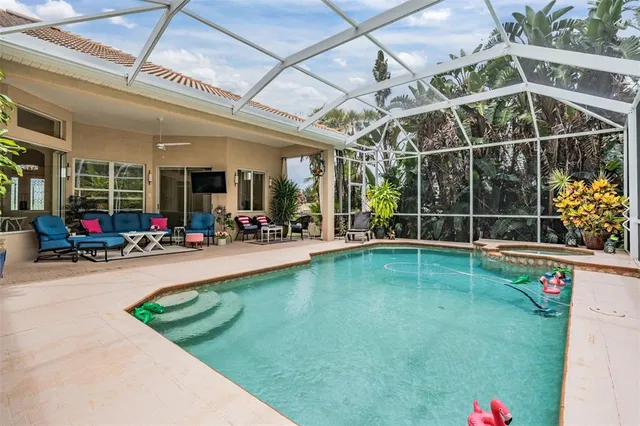 a view of a swimming pool with potted plants