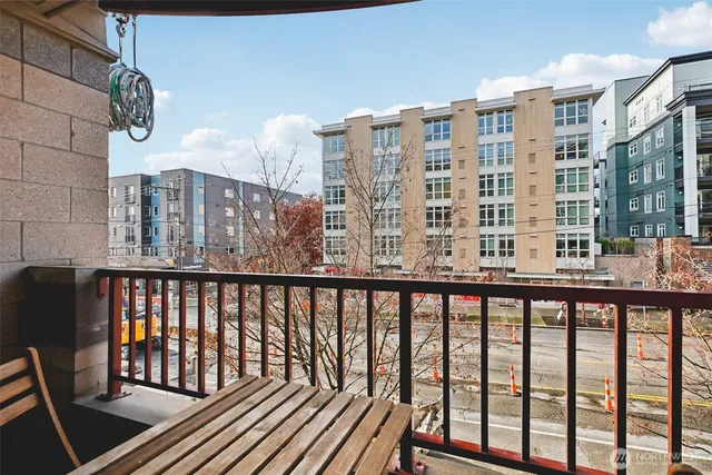 a view of a building from a balcony