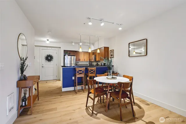 a view of a dining room with furniture