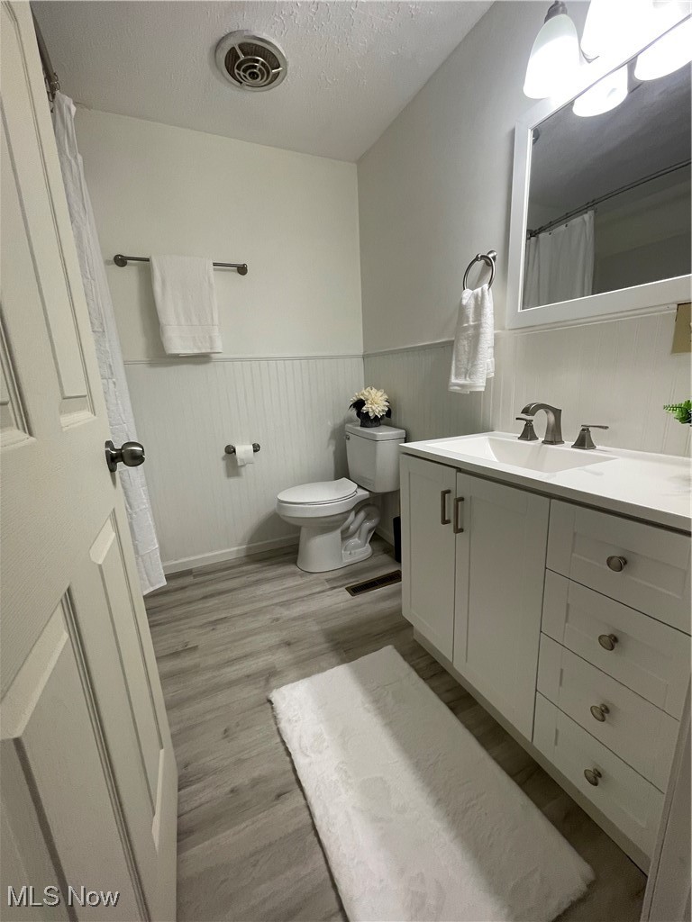 1984 Hebron Road St. Marys, WV 26170 - Photo 23 of 33 Full bathroom featuring wood finished floors, a wainscoted wall, toilet, vanity, and a textured ceiling
