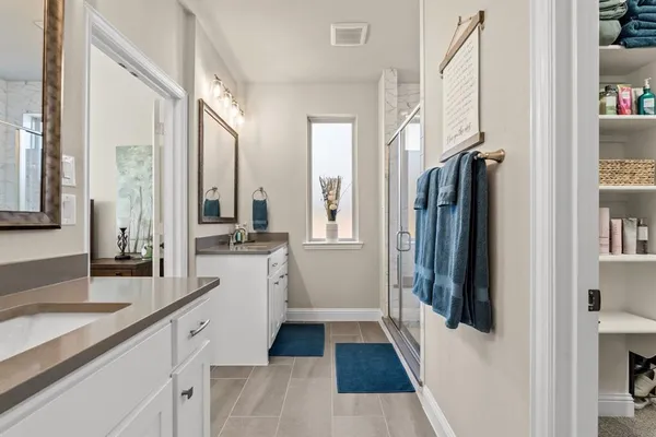 a bathroom with a sink a mirror and a shower