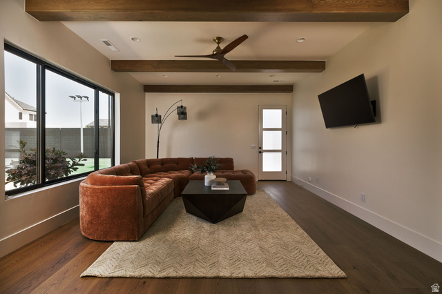 2281 South Crimson Cliffs Way St. George, UT 84790 - Photo 44 of 47 Casita Living room featuring recessed lighting, dark wood finished floors, a ceiling fan, and beamed ceiling