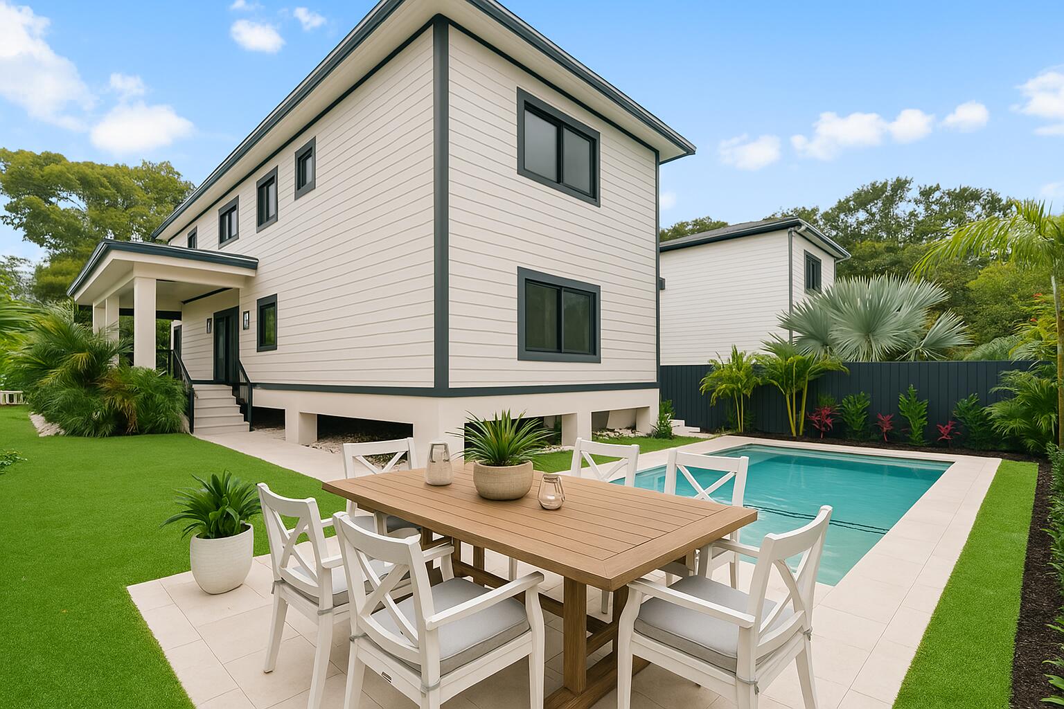 17 Coral Way Key Largo, FL 33037 - Photo 6 of 51 a view of a patio with table and chairs and potted plants with wooden floor and fence