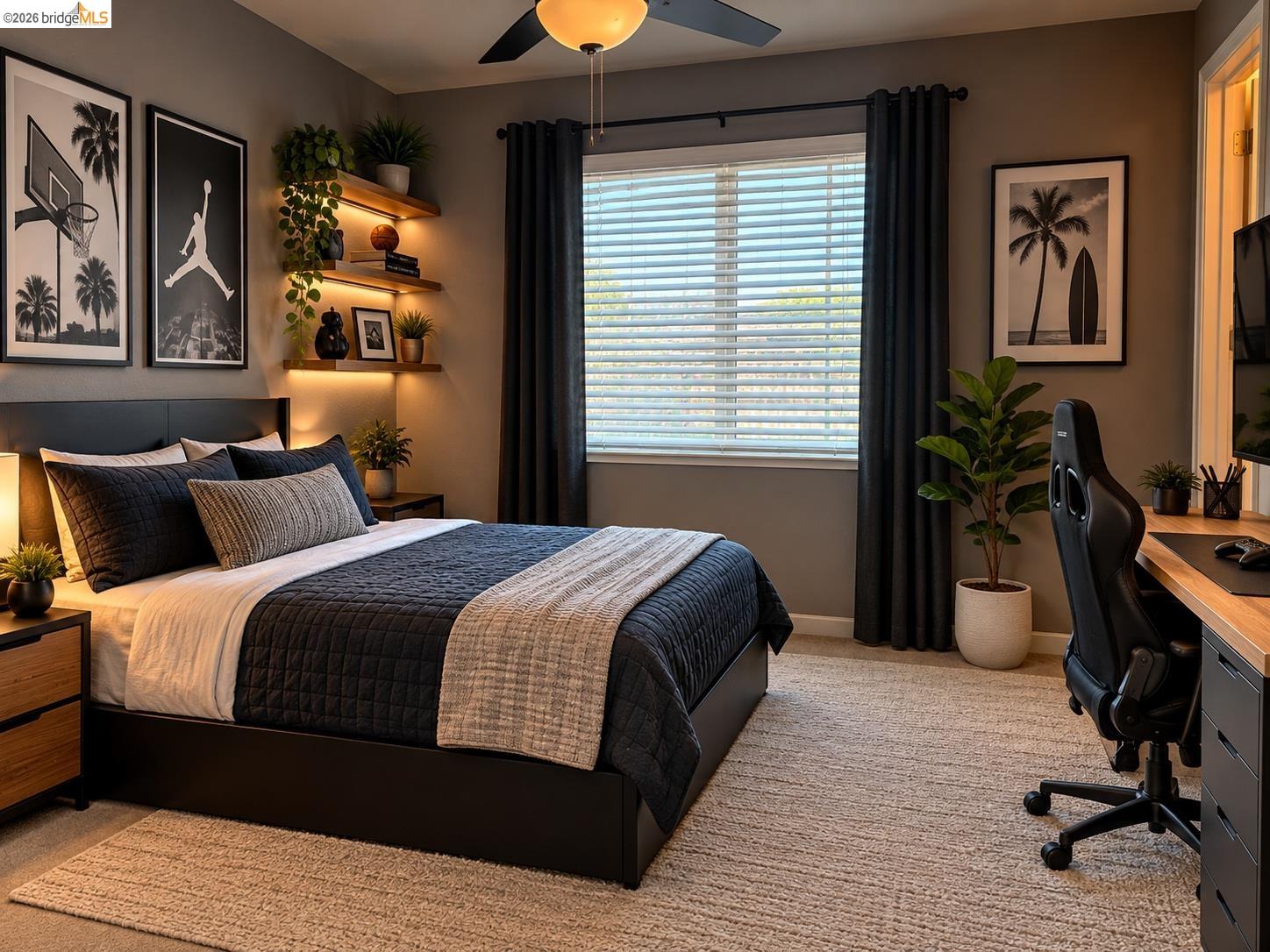 809 Ibis Road Oakley, CA 94561 - Photo 11 of 32 Built-in floating shelves with integrated lighting, wood-finish desk, and a window with blinds and drapes