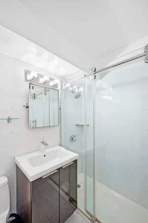 a bathroom with a sink mirror and a shower