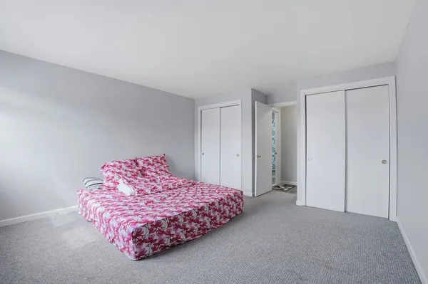 a bedroom with a bed and a closet