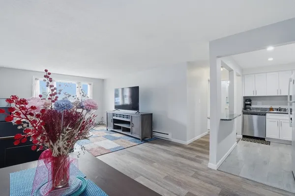 a living room with furniture a flat screen tv and a potted plant