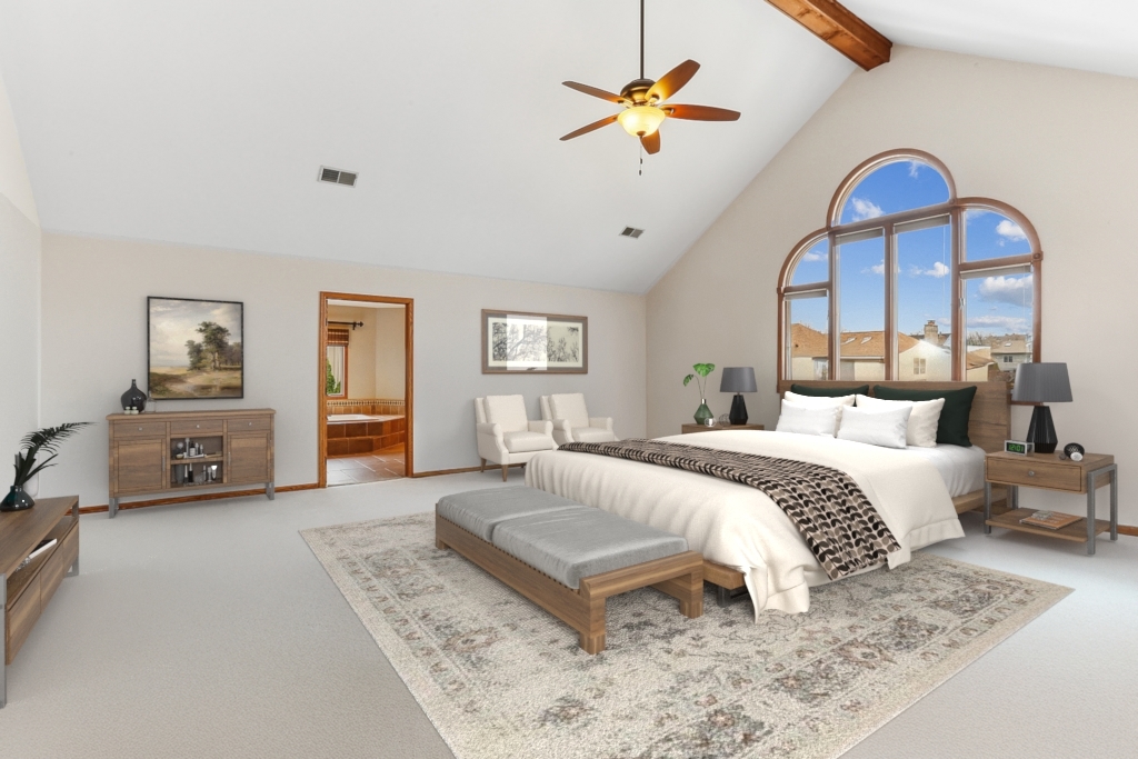 13629 South Kickapoo Trail Homer Glen, IL 60491 - Photo 24 of 28 a spacious bedroom with a bed a couch and a chandelier