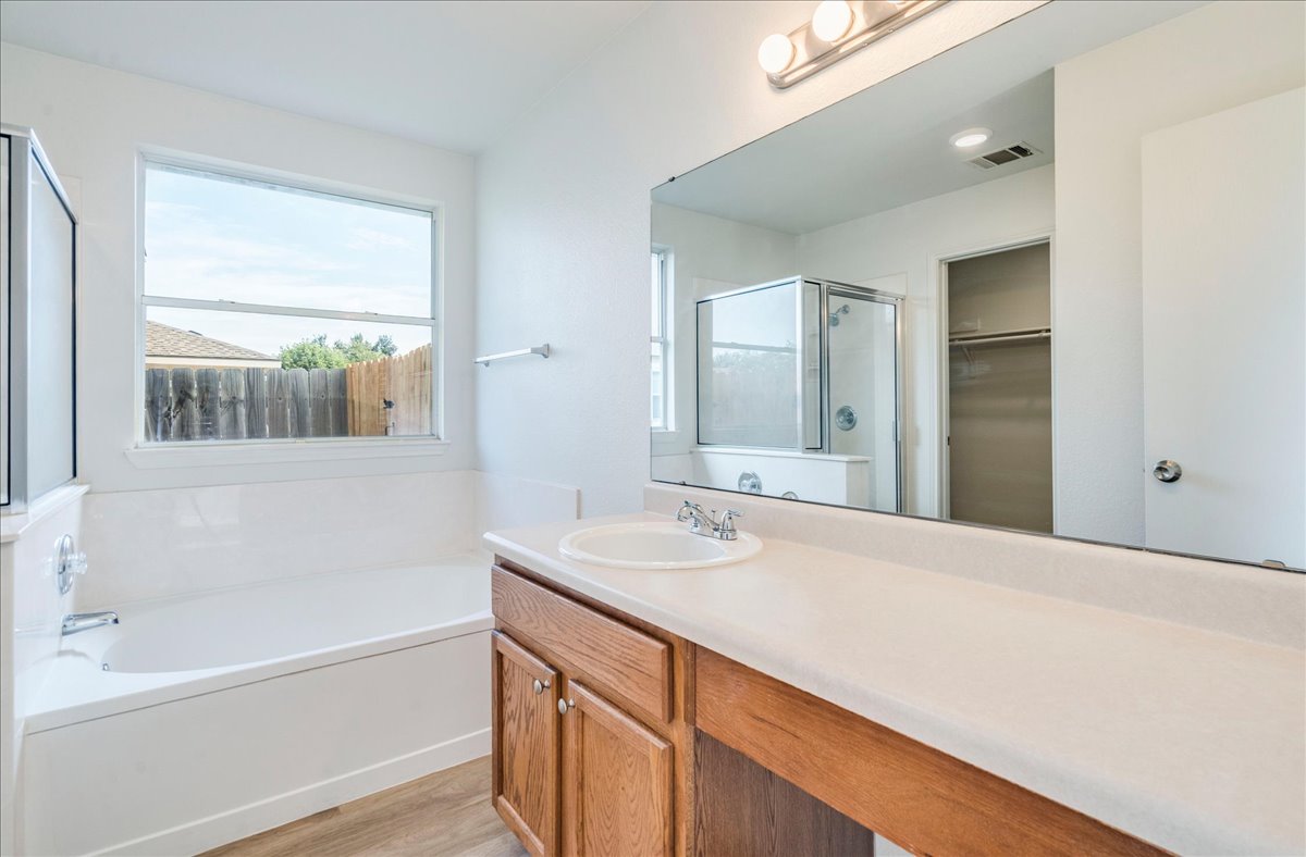 100 Easy Street Hutto, TX 78634 - Photo 15 of 36 A well-lit primary bathroom featuring a spacious bathtub, separate shower, and a practical vanity with ample counter space.