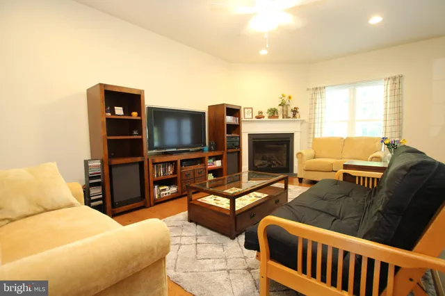 a living room with furniture a flat screen tv and a fireplace