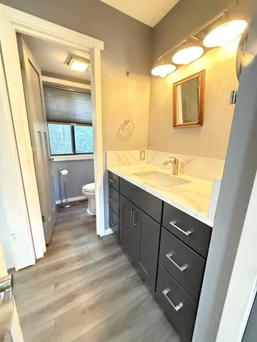 a bathroom with a sink a toilet and a mirror