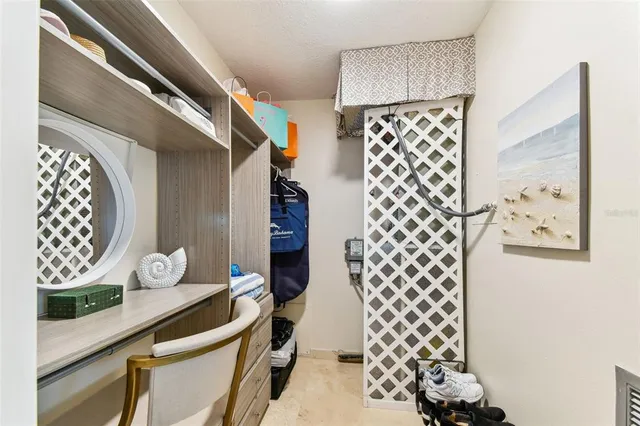 an aerial view of a pool patio and mountain view