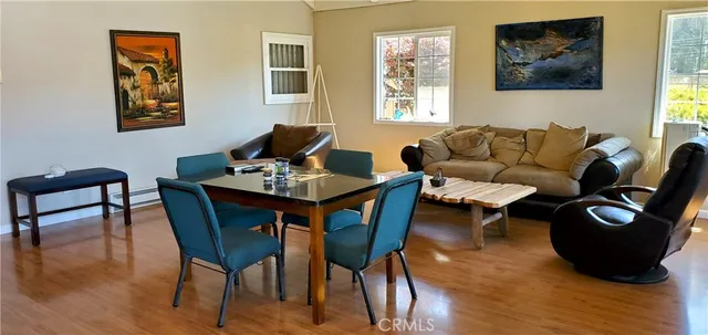 a living room with furniture a rug and a window