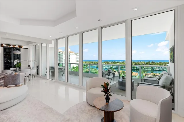 a living room with furniture and a floor to ceiling window