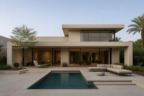 a view of a building with couches table and chairs