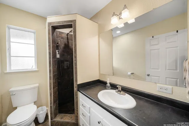 a bathroom with a sink a toilet and a mirror