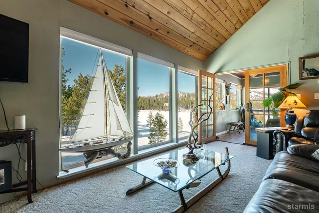 a living room with furniture and a floor to ceiling window