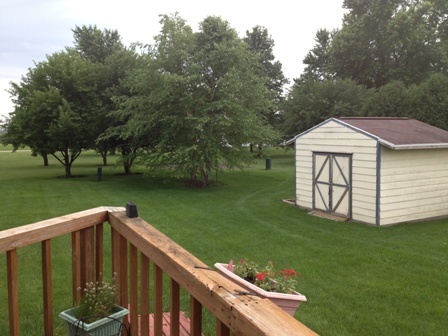26001 Mary Road Garden Prairie, IL 61038 - Photo 16 of 19 a view of a wooden deck and a yard with swimming pool in front of a house
