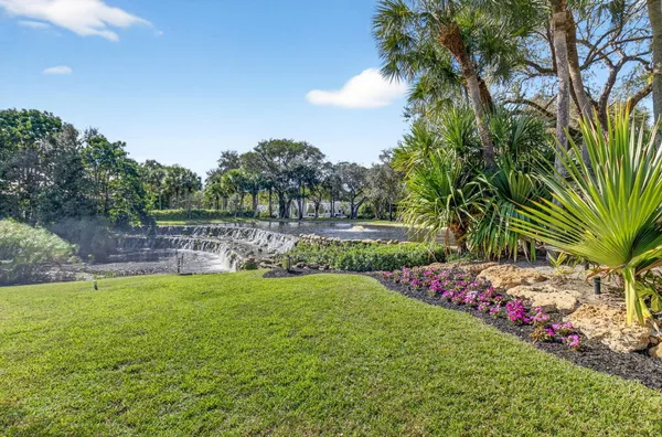a view of a garden with flowers and trees