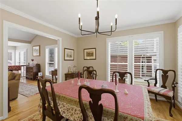 a view of a dining room with furniture