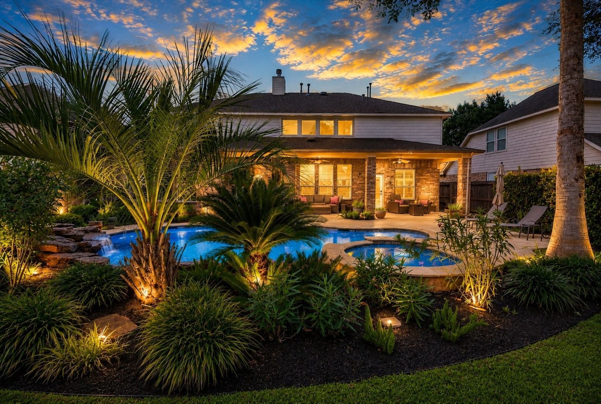 27607 Macklind Ridge Lane Katy, TX 77494 - Photo 1 of 50 27607 Macklind Ridge with gorgeous pool and spa with rock waterfall and lush landscaping. AI enhanced night lighting.