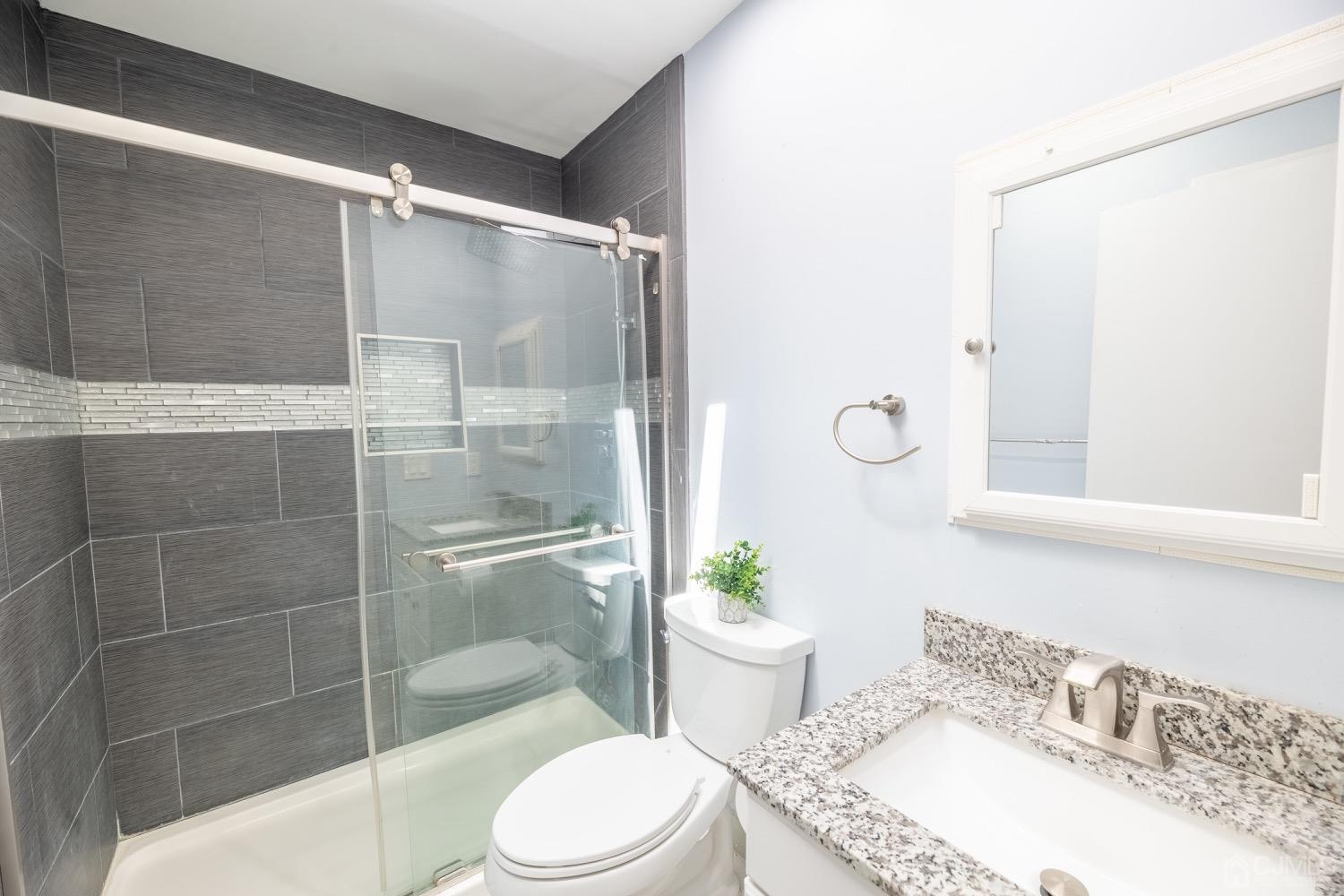 4602 Stonehedge Road Edison, NJ 08820 - Photo 69 of 87 a bathroom with a granite countertop sink a toilet a mirror and shower