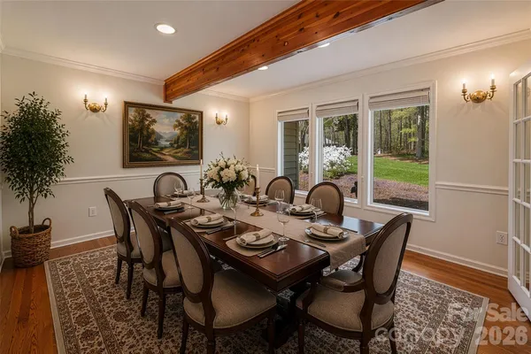 a view of a dining room with furniture window and outside view
