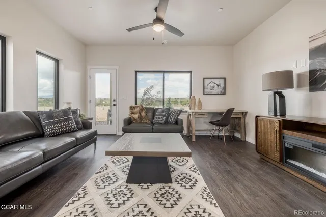 a living room with furniture rug and window