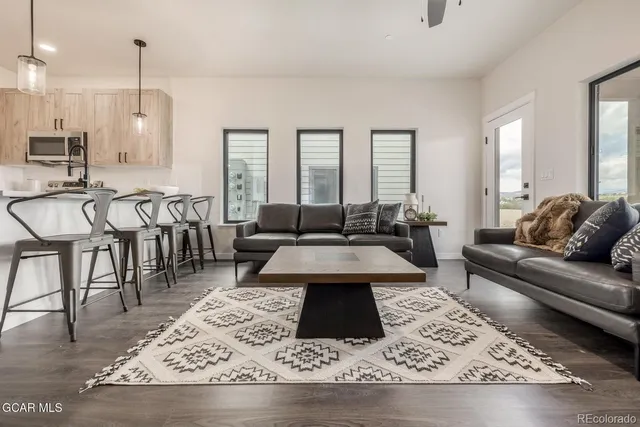 a living room with furniture rug and window