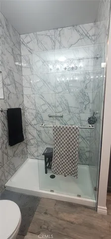 a bathroom with a shower and a toilet