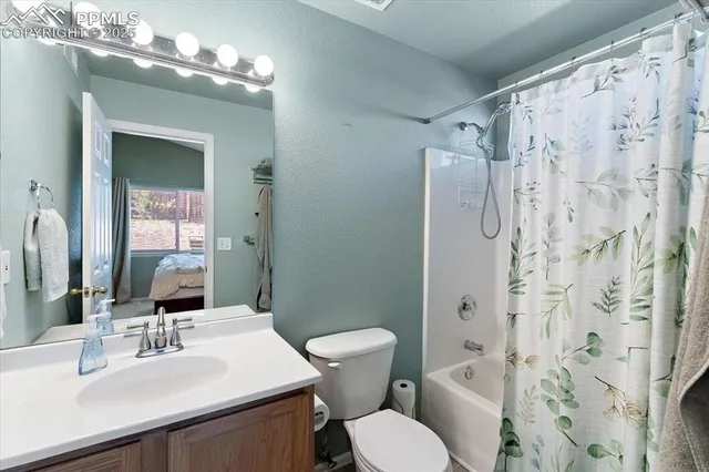 a bathroom with a sink a toilet a mirror a vanity and shower