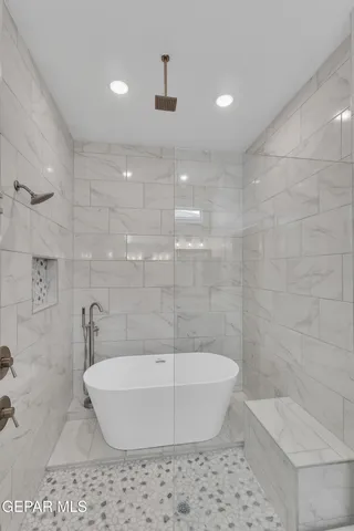 a bathroom with a bathtub