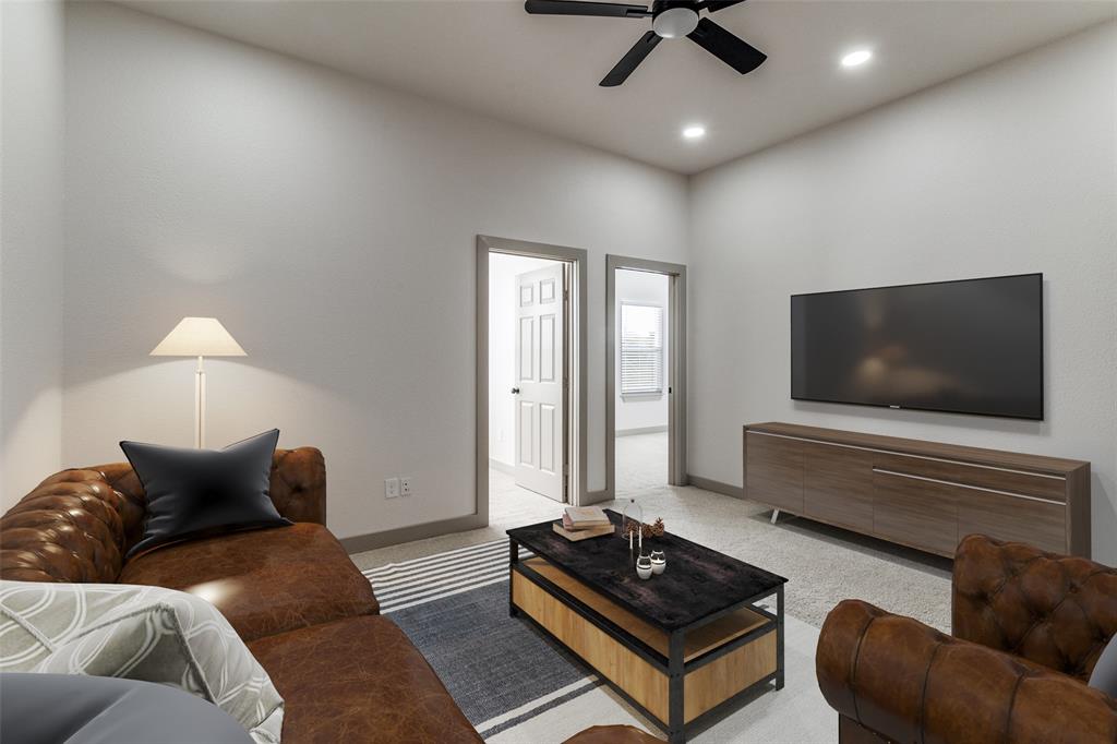 917 South Carroll Avenue Dallas, TX 75223 - Photo 23 of 30 Media room featuring carpet flooring, ceiling fan, and recessed lighting