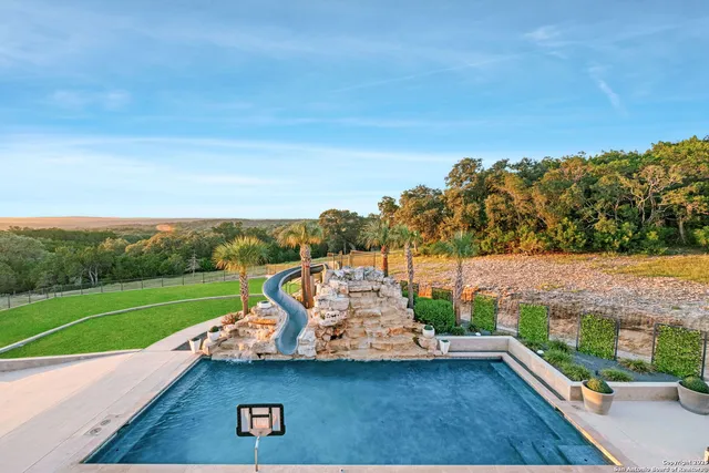 a view of a park with large trees