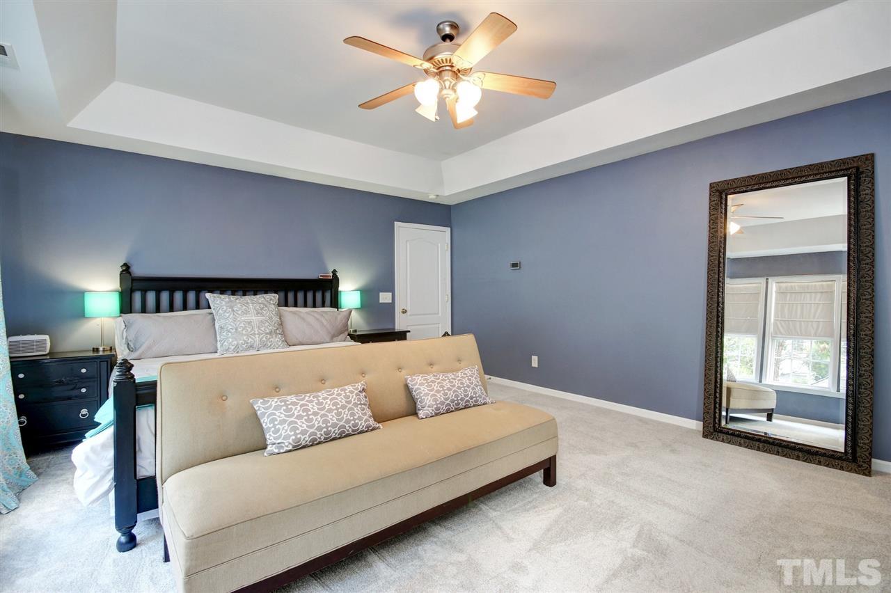 7532 Silver View Lane Raleigh, NC 27613 - Photo 13 of 30 Very spacious master bedroom with tray ceiling and ceiling fan. Lots of windows and can easily fit your King bed and bureaus with extra room for comfy chairs.
