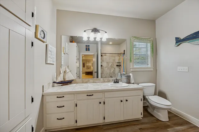 a bathroom with a double vanity sink mirror and toilet