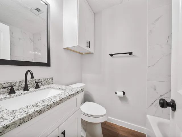 a bathroom with a granite countertop toilet sink and mirror