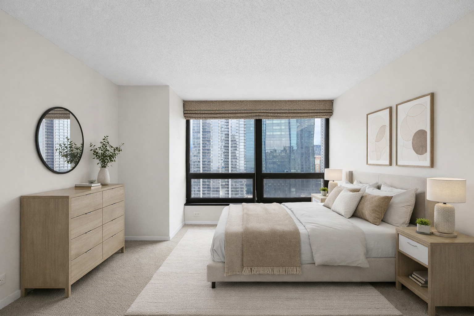 360 East Randolph Street, Unit 2307 Chicago, IL 60601 - Photo 10 of 34 a bedroom with a bed a mirror and a window