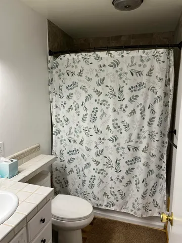 a bathroom with a granite countertop toilet and a sink