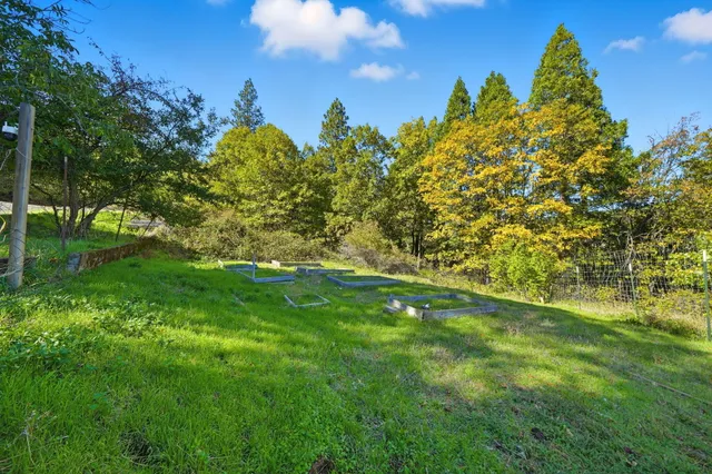 a view of a house with backyard and garden