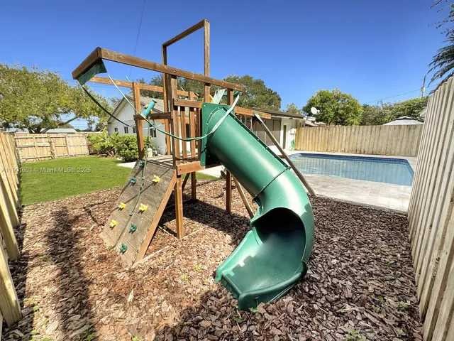 a backyard of a house with table and chairs